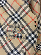 Burberry long jacket plaid chest panel with decorative embroidery and black buttons