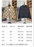 Plaid and navy hooded zip jackets shown with size chart graphic