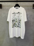 White crewneck T-shirt with colorful graphic print on the front
