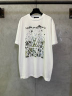 White crewneck T-shirt with colorful graphic print on the front