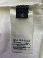 Inside care label and size tag on white T-shirt fabric