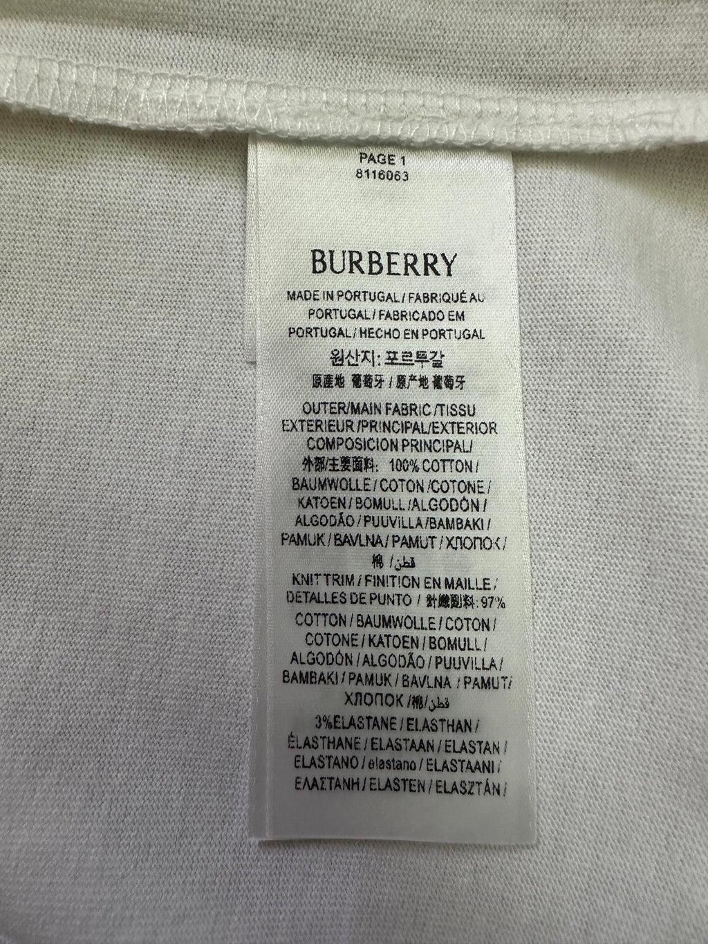 Burberry T-shirt inner care label with fabric composition details