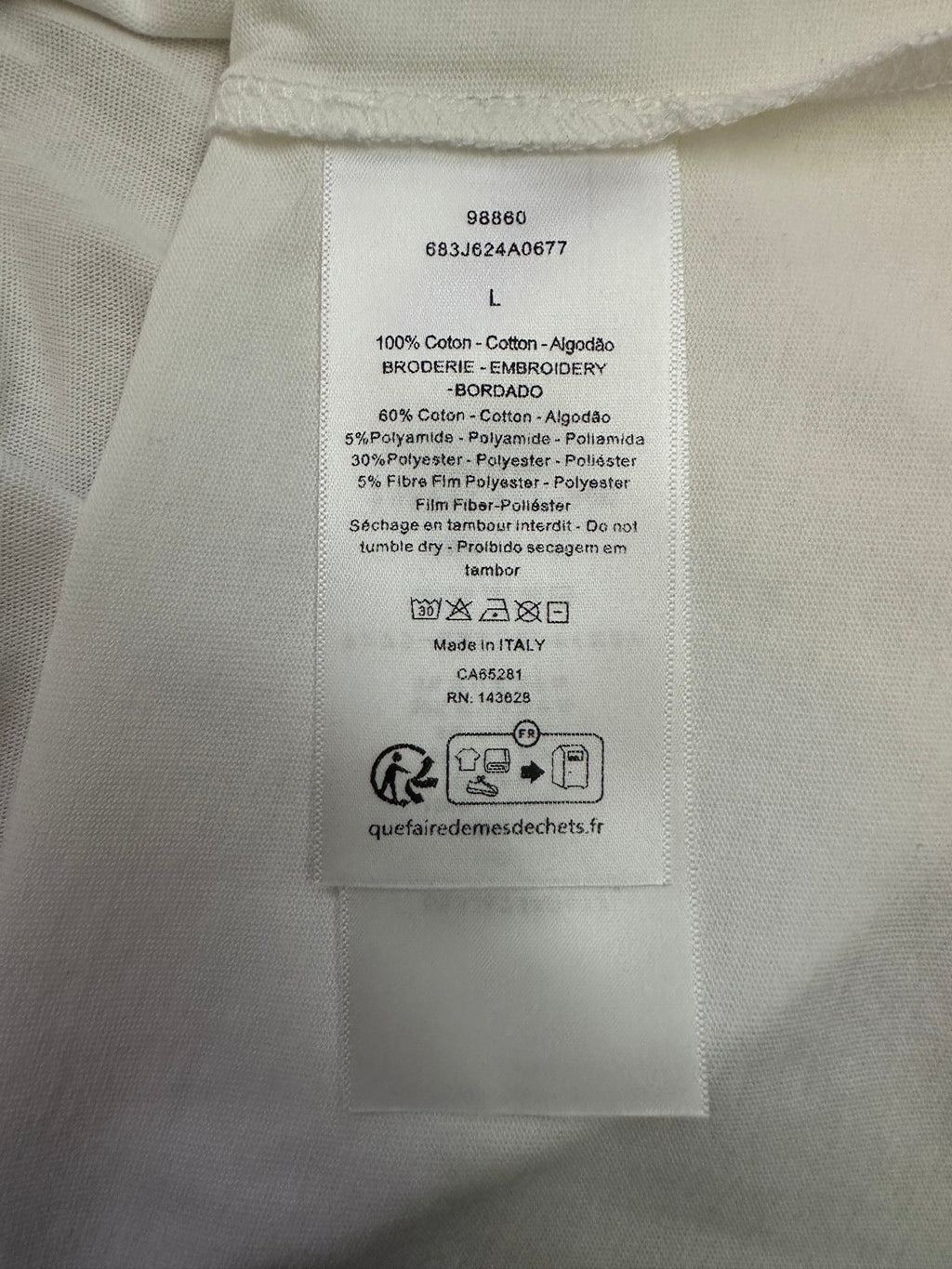 Inside neck care label for Dior T-shirt, size L, Made in Italy