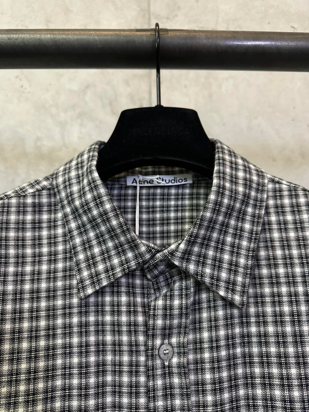Balenciaga long plaid long-sleeve shirt close-up of collar and button front