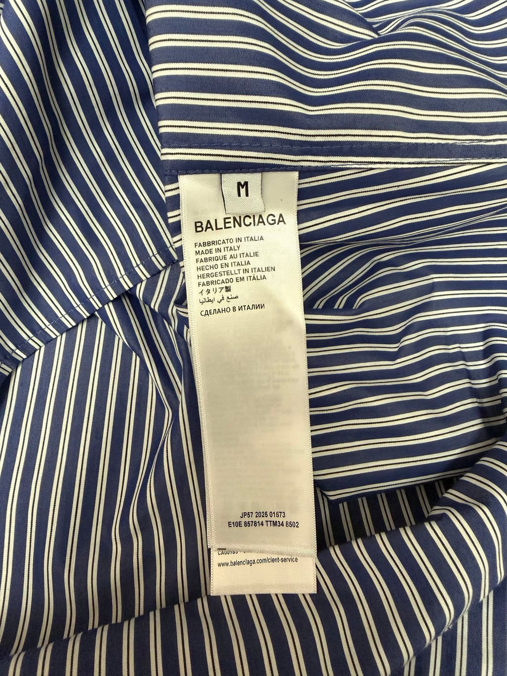 Long Balenciaga striped shirt with blue and white stripes, neck and label visible