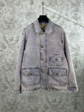 Light blue denim jacket, button front, pointed collar, two chest pockets