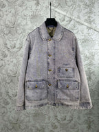 Light blue denim jacket, button front, pointed collar, two chest pockets
