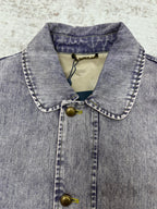 Denim jacket neckline close-up with contrast collar, button placket and gold hardware