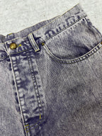 Denim jeans front yoke with button closure and pocket stitch details