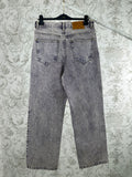 Light wash denim jeans with straight legs, button fly, and front pockets