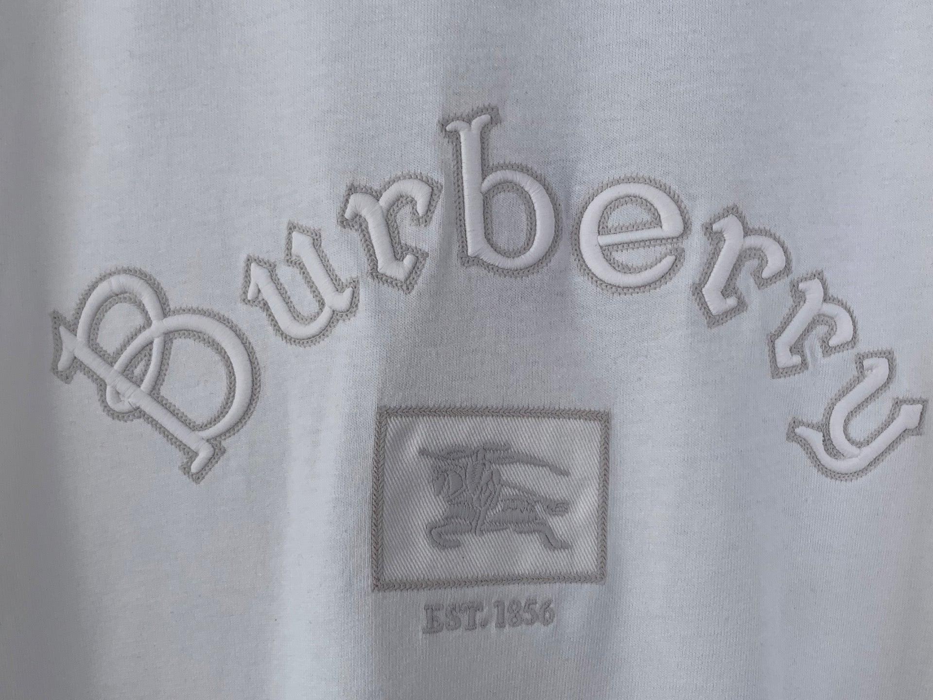 White T-shirt close-up of Burberry wordmark and crest graphic