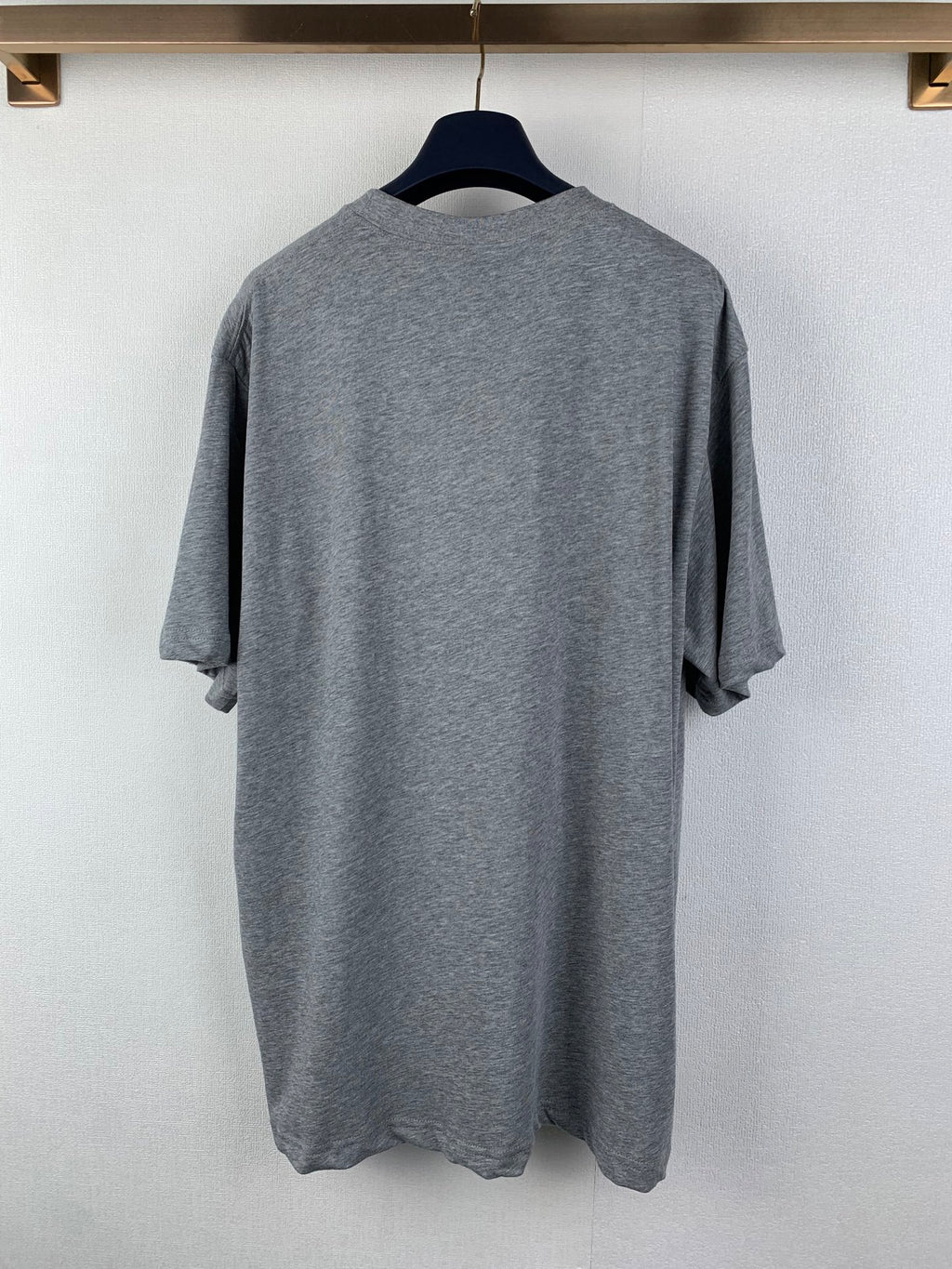Gray short-sleeve T-shirt, back view on hanger.