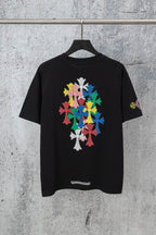 Chrome short T-shirt, black crewneck with large multicolor cross-flower graphic on front