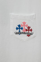 Chrome short T-shirt pocket, white with multicolor floral graphic and arched text
