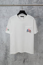Chrome short T-shirt, white crewneck with chest pocket logo and small left sleeve graphic