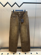 Brown denim jeans with front button and belt loops