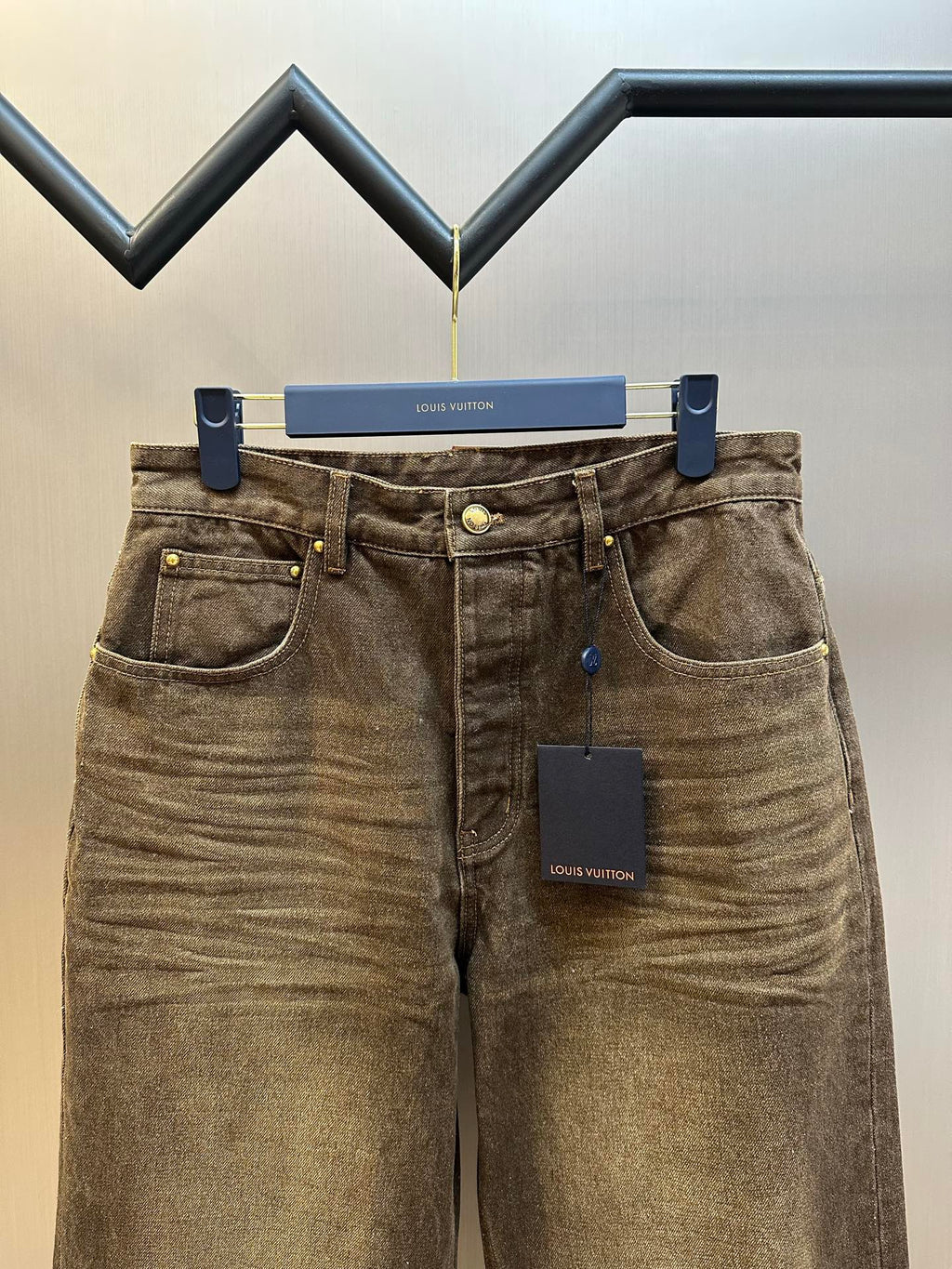 Brown denim jeans, button fly, dual front pockets, belt loops