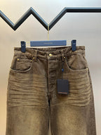 Brown denim jeans, button fly, dual front pockets, belt loops
