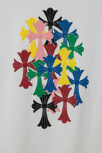 Chrome short T-shirt graphic, colorful cross-flower design in yellow, pink, blue, and red
