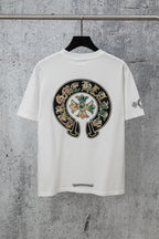 White short-sleeve T-shirt with large round back graphic and small sleeve print