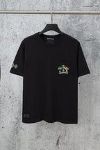 Black short-sleeve T-shirt with chest pocket logo and side sleeve print