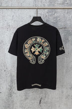 Black short-sleeve T-shirt with large round back graphic and small sleeve print