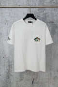 White short-sleeve T-shirt with chest pocket and small crest graphic