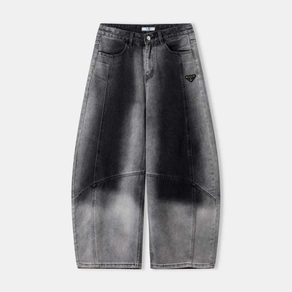 Washed dark gray denim pants with button closure and straight leg