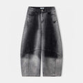 Washed dark gray denim pants with button closure and straight leg