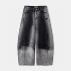 Washed dark gray denim pants with button closure and straight leg