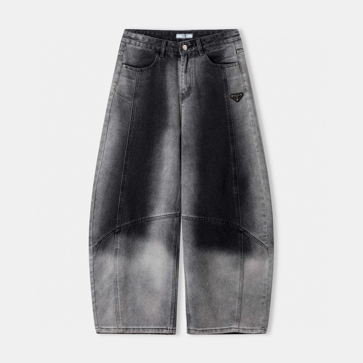 Washed dark gray denim pants with button closure and straight leg