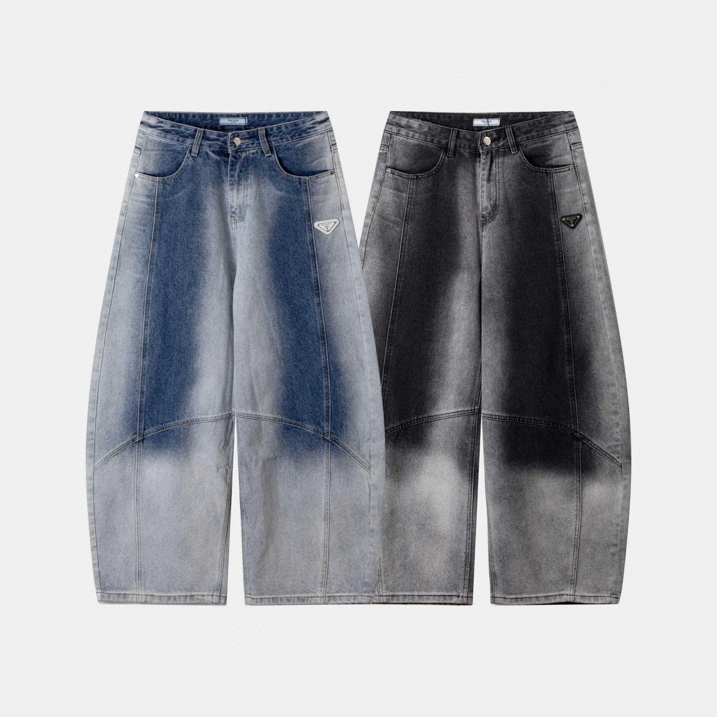 Denim pants set, light blue and dark wash styles with belt loops and zipper fly