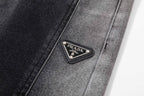 Dark gray denim pants with PRADA triangle leather logo patch