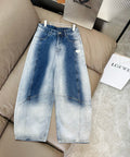 Light blue washed denim pants with straight legs, front button, and zip fly