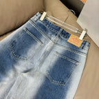 Light blue denim pants with two front patch pockets and belt loops