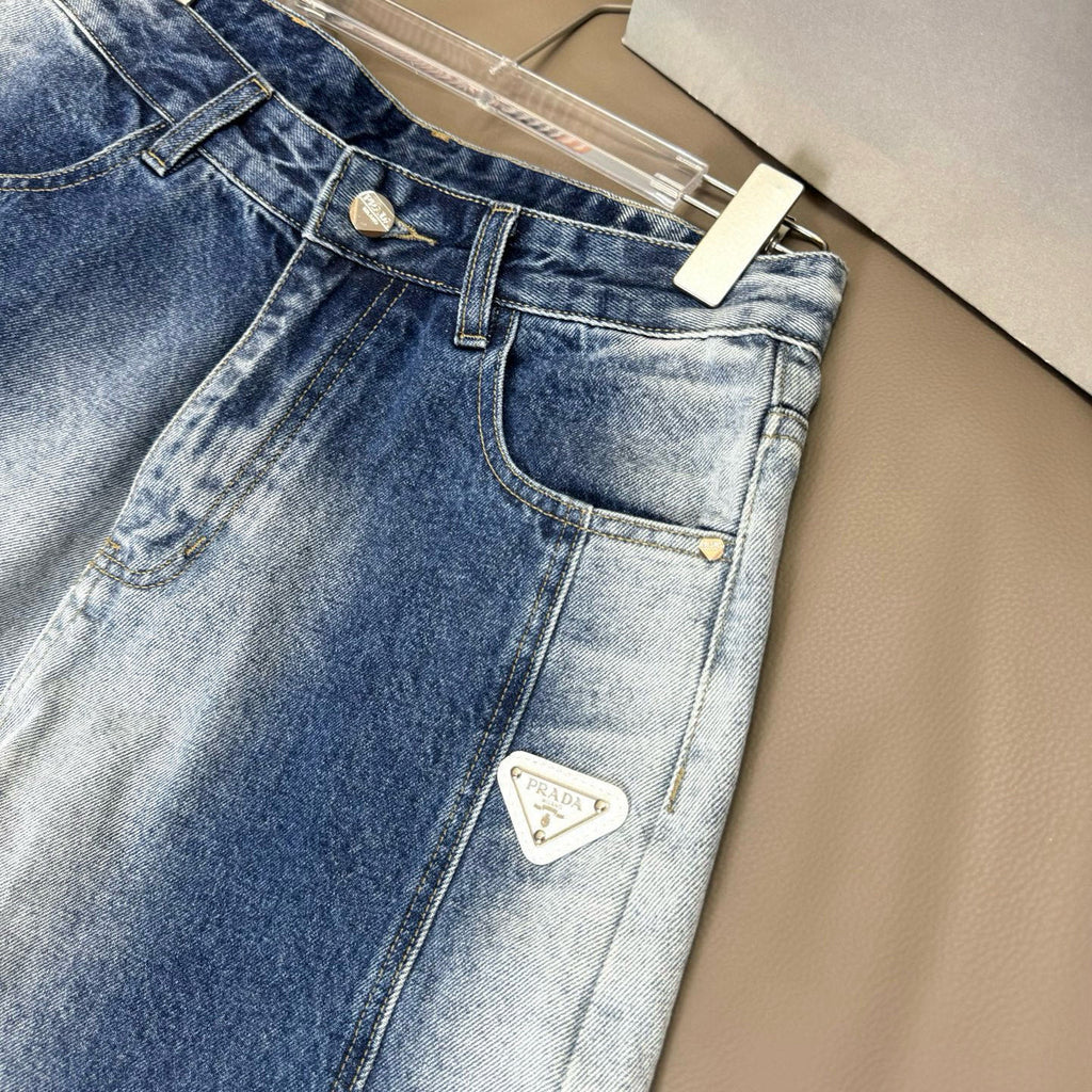 Light blue denim pants with front patch logo on the right pocket