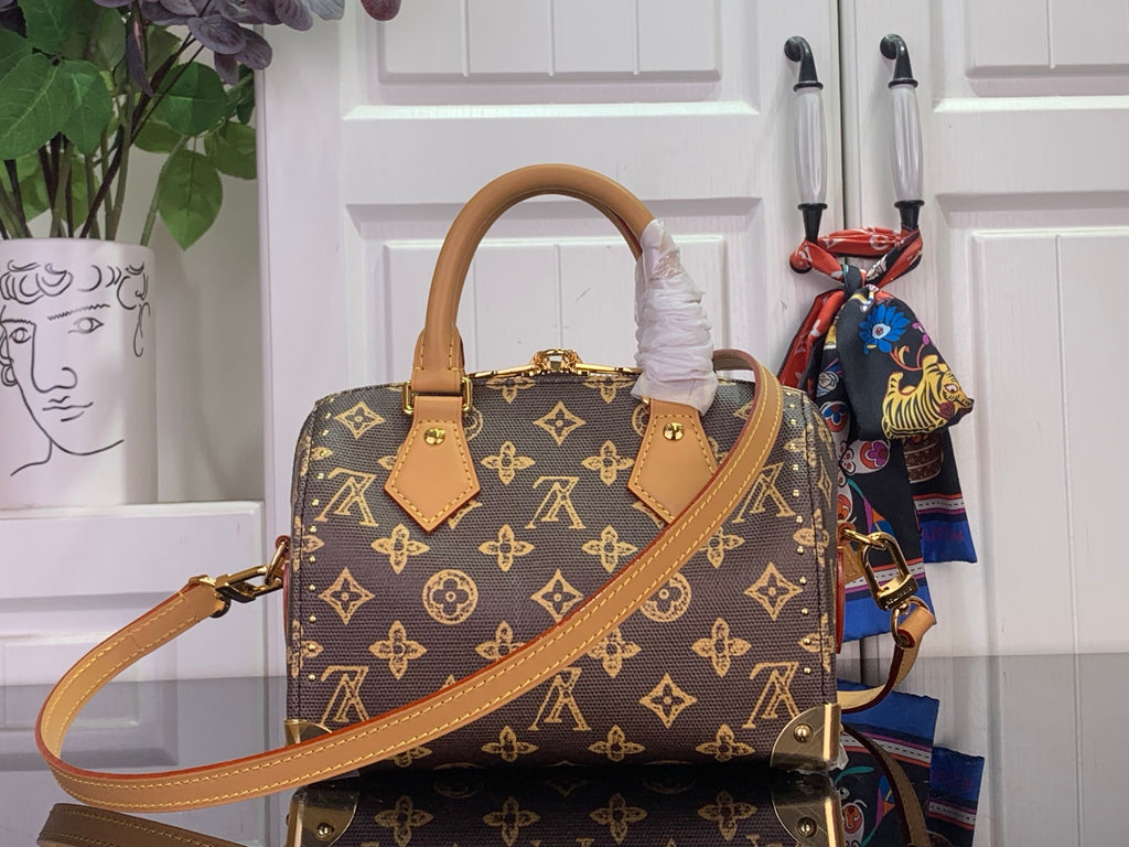 Louis Vuitton monogram handbag with tan crossbody strap and gold clasp, angled view