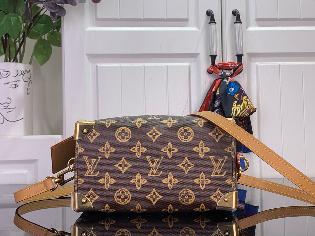 Louis Vuitton monogram handbag with tan strap, gold feet accents, side view