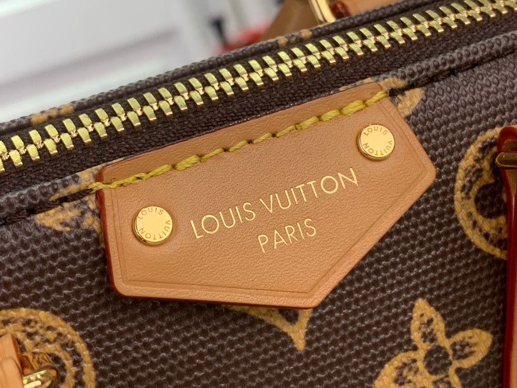 Louis Vuitton Paris leather logo label on monogram handbag, gold zipper trim, close-up