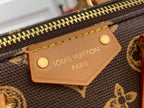Louis Vuitton Paris leather logo label on monogram handbag, gold zipper trim, close-up