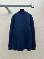 Navy long-sleeve knit sweater with ribbed crew neck, full front view