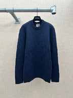 Navy long-sleeve knit sweater with ribbed crew neck