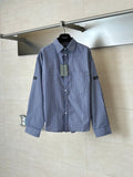 Long-sleeve striped button-up shirt, blue and white vertical stripes, pointed collar