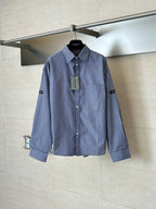 Long-sleeve striped button-up shirt, blue and white vertical stripes, pointed collar
