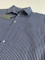 Striped button-up shirt detail, blue-and-white vertical stripes with button placket