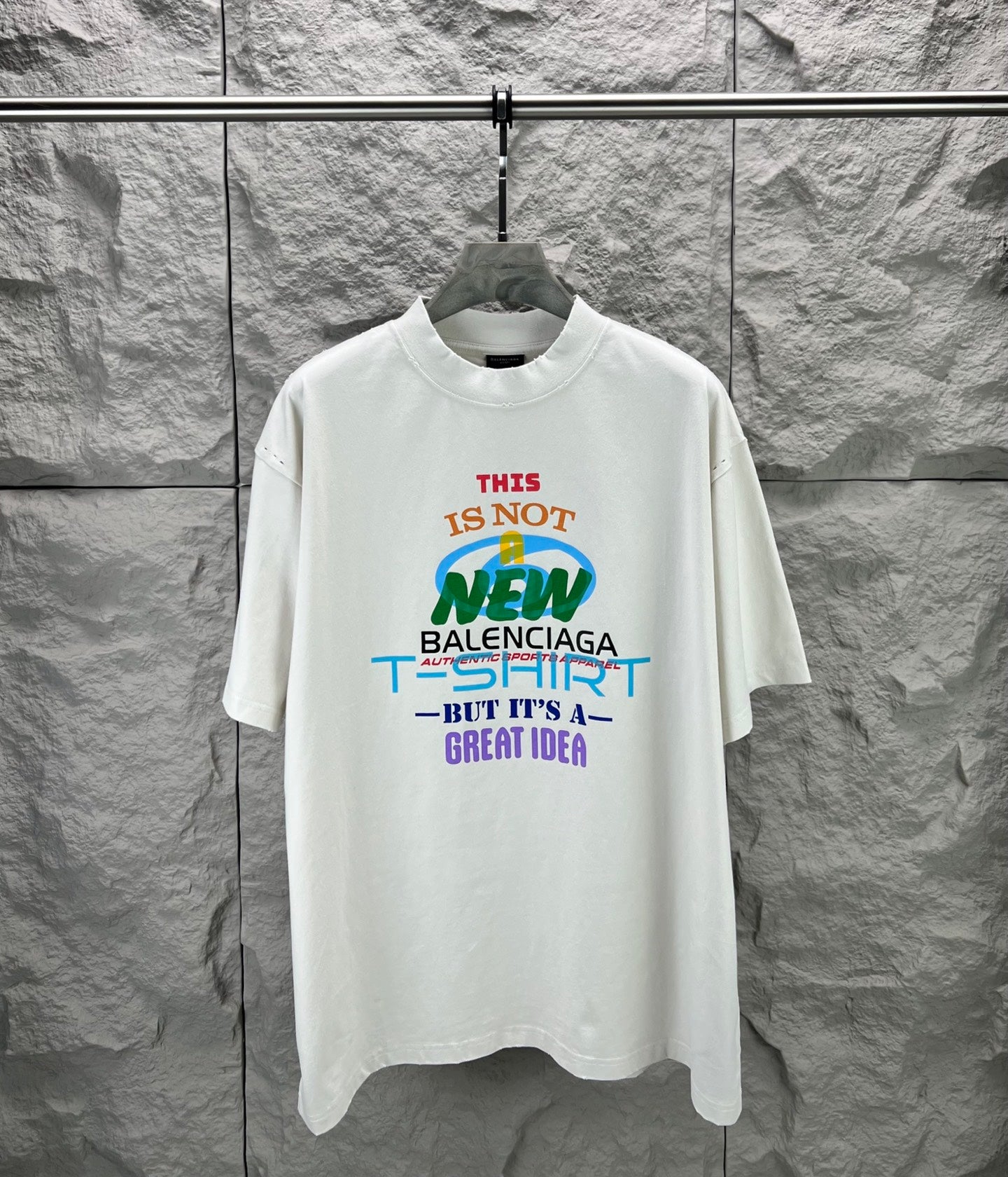 Balenciaga T-shirt in white with multicolor front text graphic and crew neck