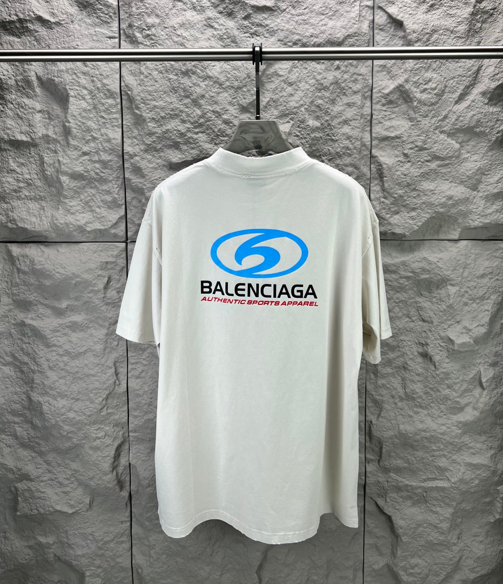 Balenciaga T-shirt in white with blue back logo graphic, short sleeves, crew neck