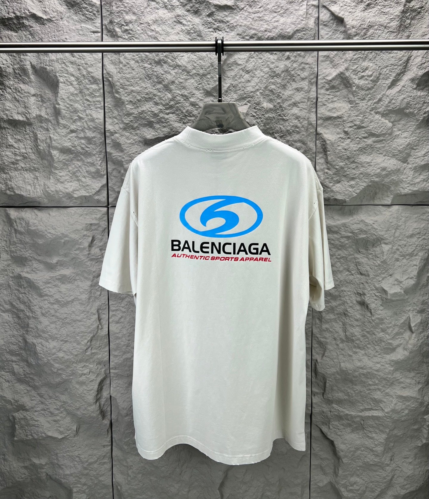 Balenciaga T-shirt in white with blue back logo graphic, short sleeves, crew neck