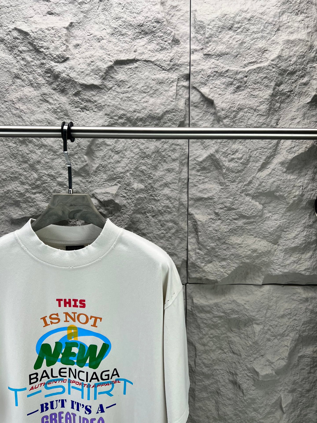Balenciaga T-shirt in white with multicolor front text graphic near crew neckline