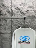 Balenciaga T-shirt in white with blue back logo graphic, crew neck and short sleeves